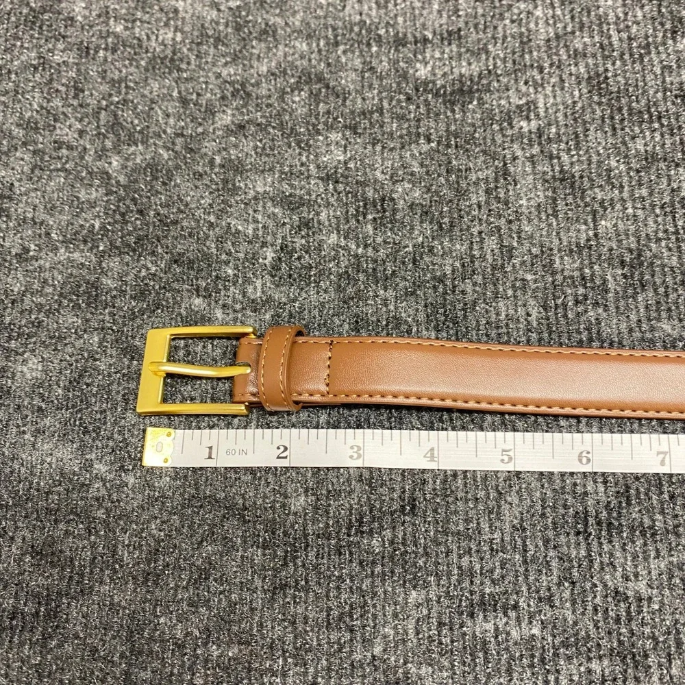 Tan Brown Faux Leather Skinny Belt Gold Tone Square Buckle Classic Slim 37.5in